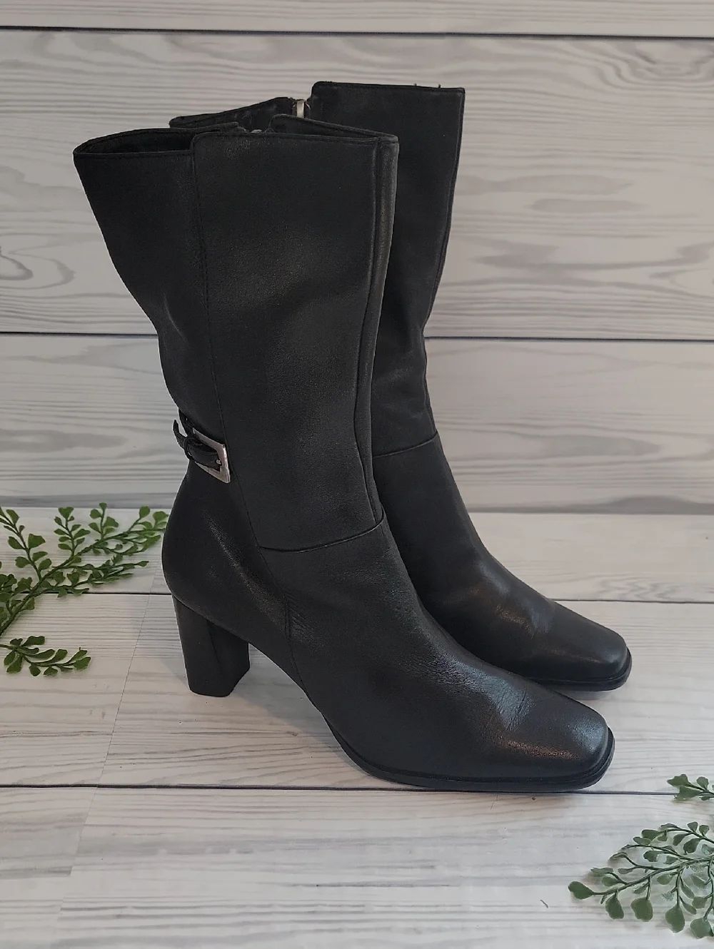 Worthington Mid-Calf Leather Heeled Boots - Black Womens Size 7.5